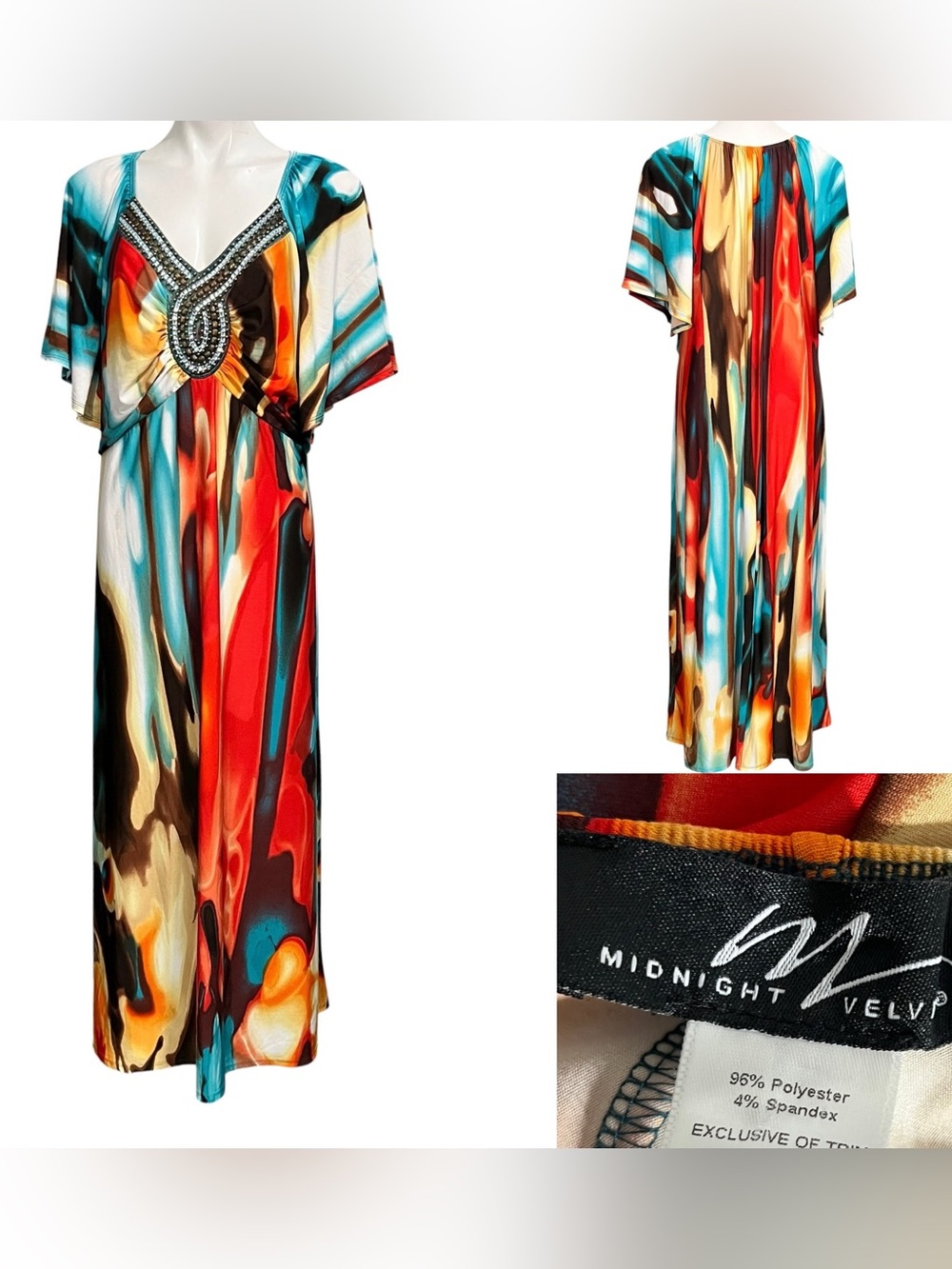 Midnight Velvet Maxi Dress 2X Multicolor Beaded V-Neck colorful flowy